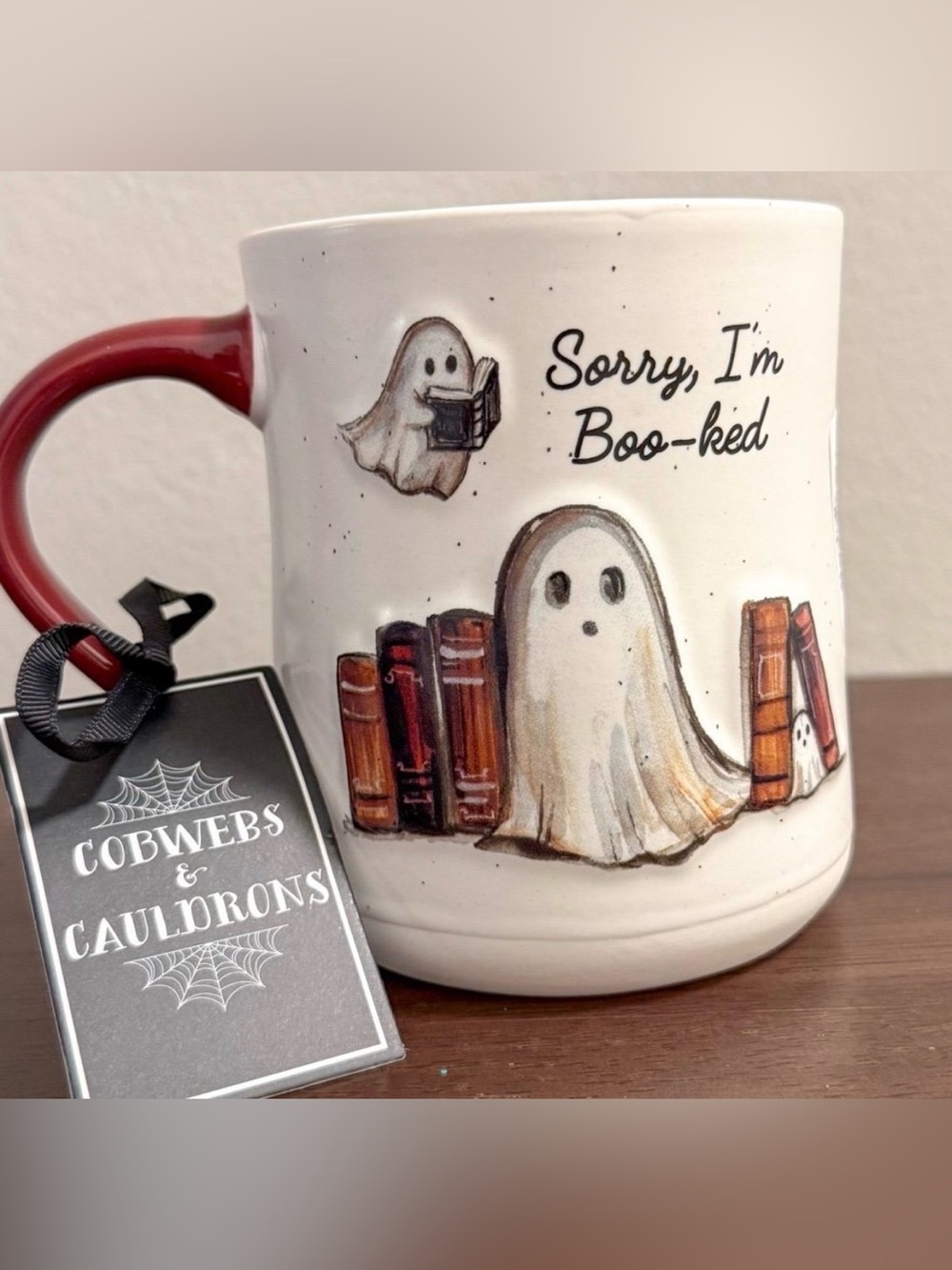 Sorry I'm Boo-ked Ghost Coffee Mug - cobwebs & cauldrons - White with Red Handle